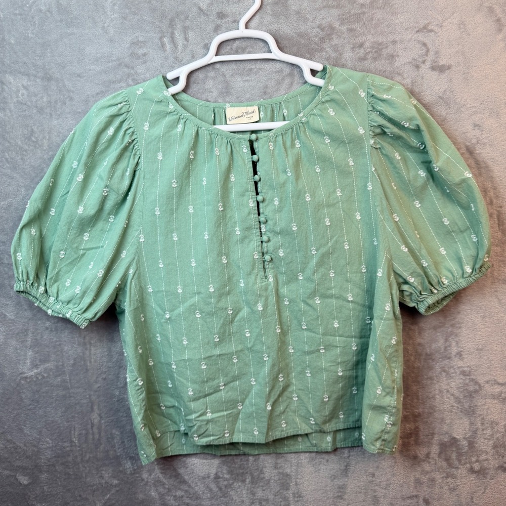 Embroidered Clip Dot Puff Sleeve Blouse Women Size L Sage Green Cottagecore Boho
